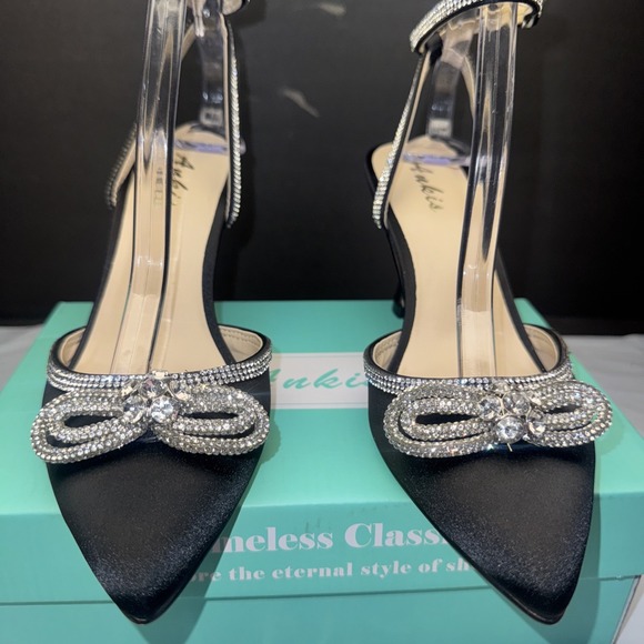 Ankis Women's Rhinestone Bow Heels Closed Toe Pumps Strappy 8 Black Glitter - Picture 3 of 9